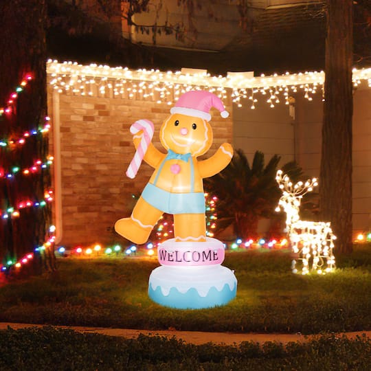 Glitzhome® 6FT Lighted Macaron Inflatable Rotating Gingerbread Man Decor